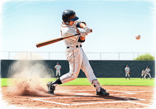 Baseball player hitting ball in action with dust cloud against outdoor field backdrop