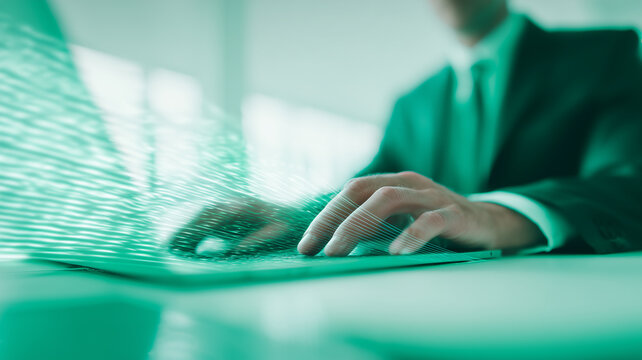 A professional typing with dynamic digital lines symbolizing information flow, corporate activity and accelerated data driven decision making.
