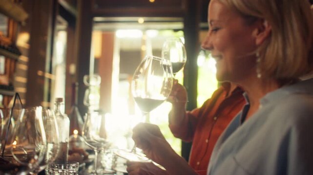 Friends toasting and savoring red wine in a private cellar tasting experience