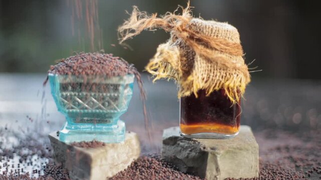 Closeup of Jeera Extract (Cuminum cyminum) in Glass Jar &ndash; Herbal Solution for Hair Strength, Skin Radiance, Digestive Health, Aromatic Therapy, and Natural Beauty Treatments