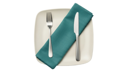 Isolated modern square plate arrangement shows knife, fork and folded teal napkin neatly