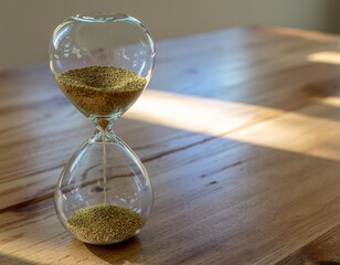 A large transparent glass hourglass with golden sand flowing slowly