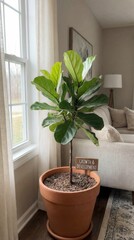 potted fiddle leaf fig tree with growth and development sign