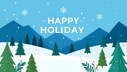 Obraz premium flat vector winter landscape with mountains, trees, snowfall, happy holiday message area