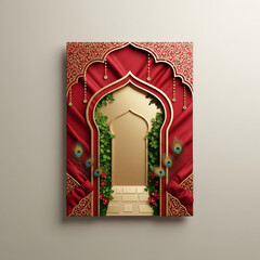 Ornate Red and Gold Archway with Peacock Feathers and Greenery graphic design isolated on a transparent background