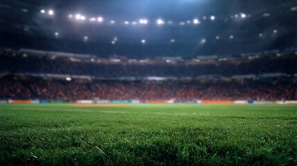 Lush green grass stadium under intense floodlights. Empty stands with soft focus create serene, expectant atmosphere. Evening sky adds depth and drama. Neural network AI generated