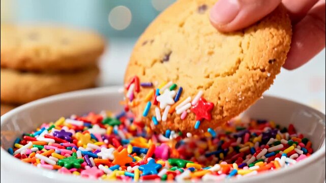 Close up of a hand dipping a chocolate chip cookie into colorful sprinkles for a festive treat