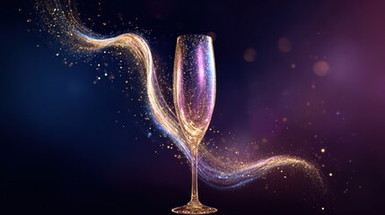 Elegant champagne flute with sparkling golden and purple light trails