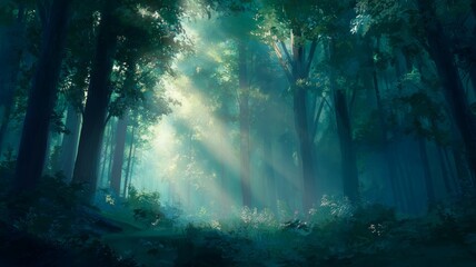 Obraz premium Tranquil forest scene with sunlight filtering through tall trees, casting soft rays on lush green ground. Atmosphere feels serene and untouched. Neural network AI generated