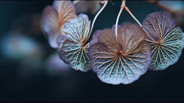 Delicacy fragility texture pattern hydrangea petal close-up veined petal in muted blue and purple tones evoking quiet melancholy and natural decay