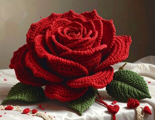 Elegant handmade knitted red rose on a white cloth background capturing romance