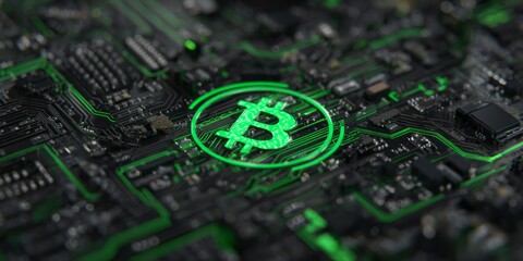 Glowing digital currency symbol illuminates dark electronic circuit board with complex pathways