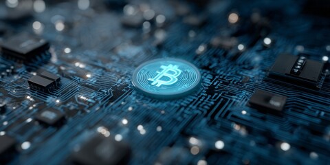 Glowing digital currency emblem rests upon complex electronic circuitry with atmospheric blue light