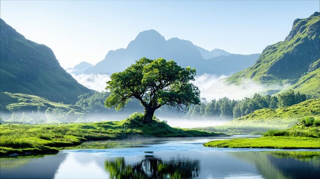 A scenic landscape featuring a tree on a riverbank with mountains in the background, fog, and sunlight.
