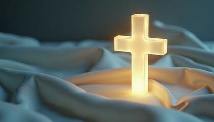 Luxury frosted glass cross glowing faintly on satin fabric with spotlight illumination and copy space