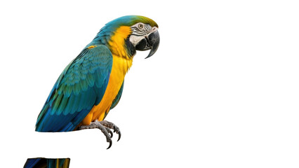 Isolated Blue-and-Yellow Macaw resting, tropical bird with vibrant colors, elegant feathers
