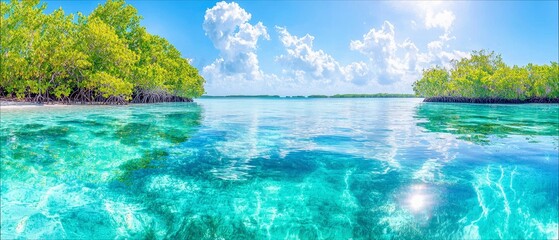A panoramic view of a tropical lagoon with clear turquoise water, lush green islands, and a bright sunny sky.