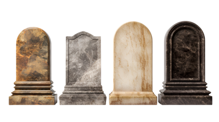 Four antique gravestones of varying shapes and textures isolated on transparent background