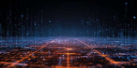 Digital grid surface stretches toward a dark horizon illuminated by glowing data streams