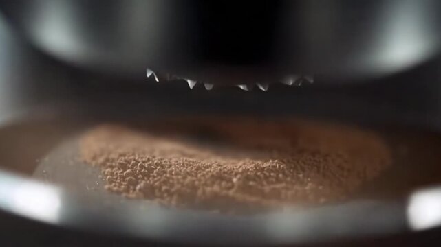 Watch as coffee beans transform into fine grounds in a warm, inviting kitchen. The aroma fills the air, promising a delicious start to the day. Perfect for coffee lovers.