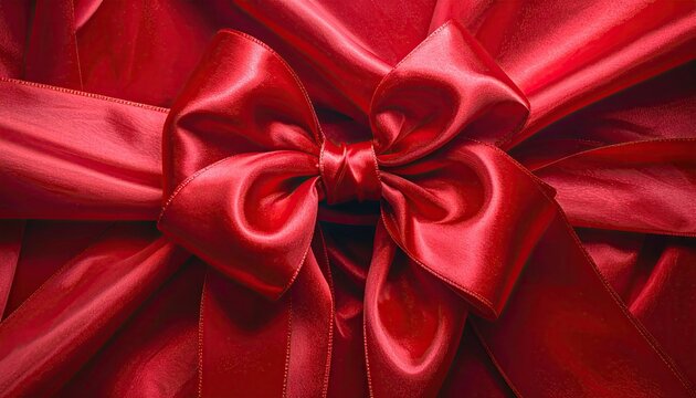 Luxurious Red Satin Bow Tied Elegantly on a Gift.