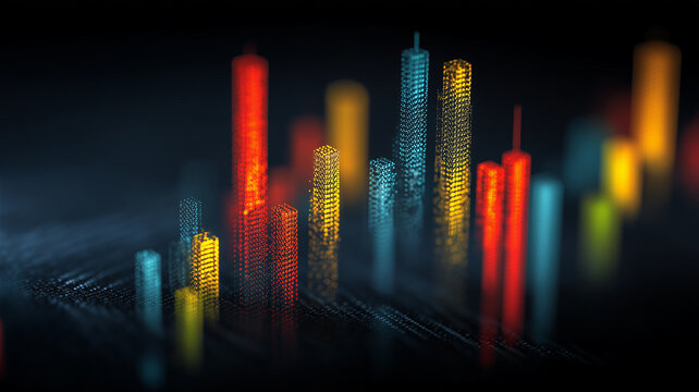 A digital citylike pattern created by luminous bars symbolizing analytics, financial growth and structured technological organization.
