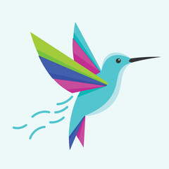 A vibrant illustration of a hummingbird in flight, showcasing a modern, geometric design with colorful wings.