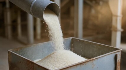 Rice grain pipe container mill industry A steady stream rice pours from a metal pipe into a steel container at a mill conveying controlled agricultural processing and reliable