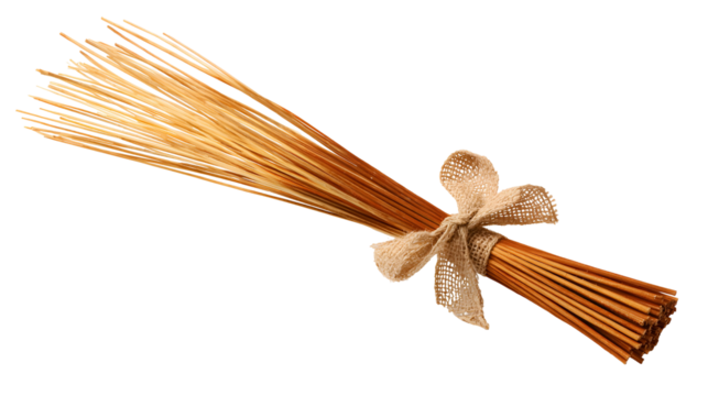 Bundle of dried wheat stalks tied with ribbon isolated on transparent background