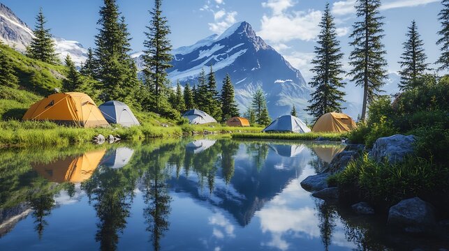 Stunning mountain camping scene with tents reflecting in clear lake, perfect for outdoor adventure and travel campaigns this summer season