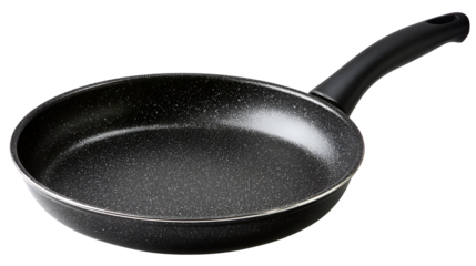 Black non stick frying pan with speckled surface isolated on transparent background