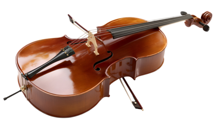 Antique cello with bow isolated on transparent background