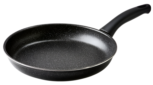 Black non stick frying pan with speckled surface isolated on transparent background