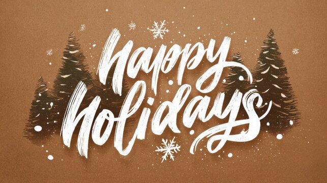 Festive happy holidays brush script with pine trees and snowflakes
