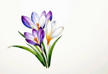 Naklejka premium Exquisite watercolor illustration of blooming crocus flowers showcasing vibrant purple and white petals with slender green leaves on a pristine background