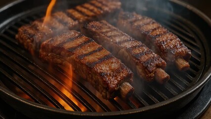 Grill rib juicy savory smoky sizzle barbecue tender bone on hot charcoal rich aroma and inviting flavor creating a mouthwatering hunger