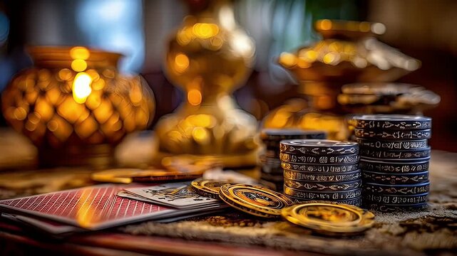 Poker chips playing cards and golden decorative objects on table