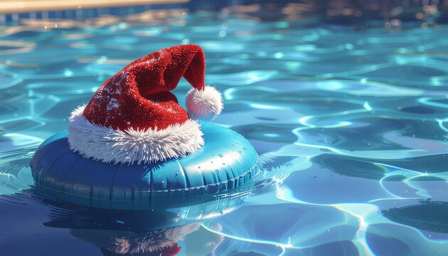 Santa hat floats on a blue inflatable ring in a swimming pool on a sunny day, capturing the spirit of a tropical Christmas celebration.