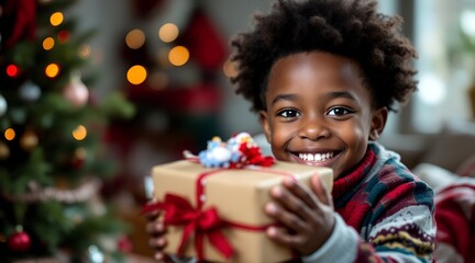 Happy African American boy holding a wrapped gift and smiling brightly in a festive home with a blurred Christmas tree for a holiday celebration concept