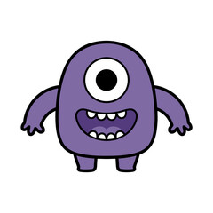 Fototapeta premium Cute Purple One Eyed Monster With Big Smile And Open Mouth Small Arms And Legs On Black Background