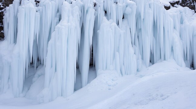 Massive icefall and frozen waterfall hanging from a mountain cliff in a pristine winter landscape for arctic wonderland concept and serene natural beauty - Powered by Adobe
