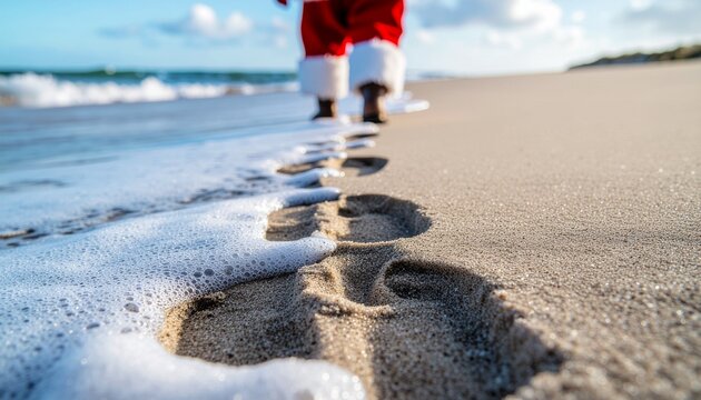 Santa claus walks along the sandy beach leaving footprints in the sand on a sunny day, bringing christmas cheer to a tropical vacation spot.