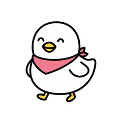 Cute cartoon chick wearing a pink bandana and yellow feet smiling happily on a black background flat vector art minimalist clean