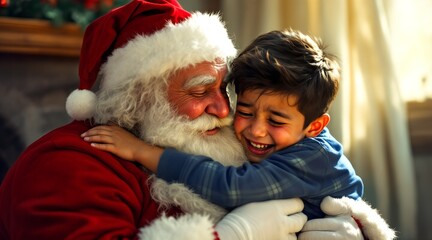 Happy Santa Claus hugging an overjoyed child, filled with laughter and warmth, capturing the magical Christmas spirit concept