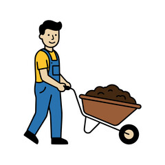 Construction Worker In Yellow Hard Hat And Blue Overalls Smiling And Waving Holding A Red Baton With A Wheelbarrow Full Of Soil On A Black Background Flat Vector Illustration
