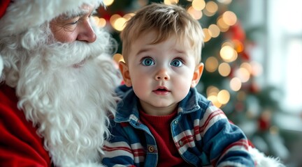 Adorable baby boy with bright blue eyes looks up, sitting with Santa Claus in a festive room with blurred Christmas lights for Christmas wonder concept and holiday joy