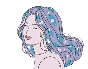 Artistic Flat Vector Portrait of a Woman with Lavender Hair Adorned with Blue Flowers and Green Leaves Against a Dark Background