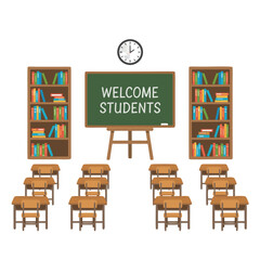 Classroom Setup With Rows Of Desks A Green Chalkboard With WELCOME STUDENTS Written On It And Bookshelves Filled With Books Against Soft Yellow Walls And Light Wood Accents