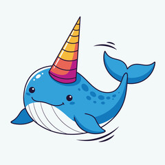 Cute cartoon blue narwhal with a colorful party hat swimming happily. © Taimoor