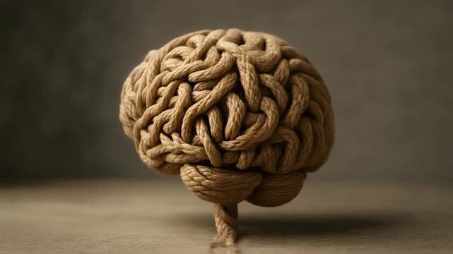 Intelligence cognition brain rope neural knot intertwined rope forming a brain shape to suggest resilient thinking and support mental health with warm textured fiber